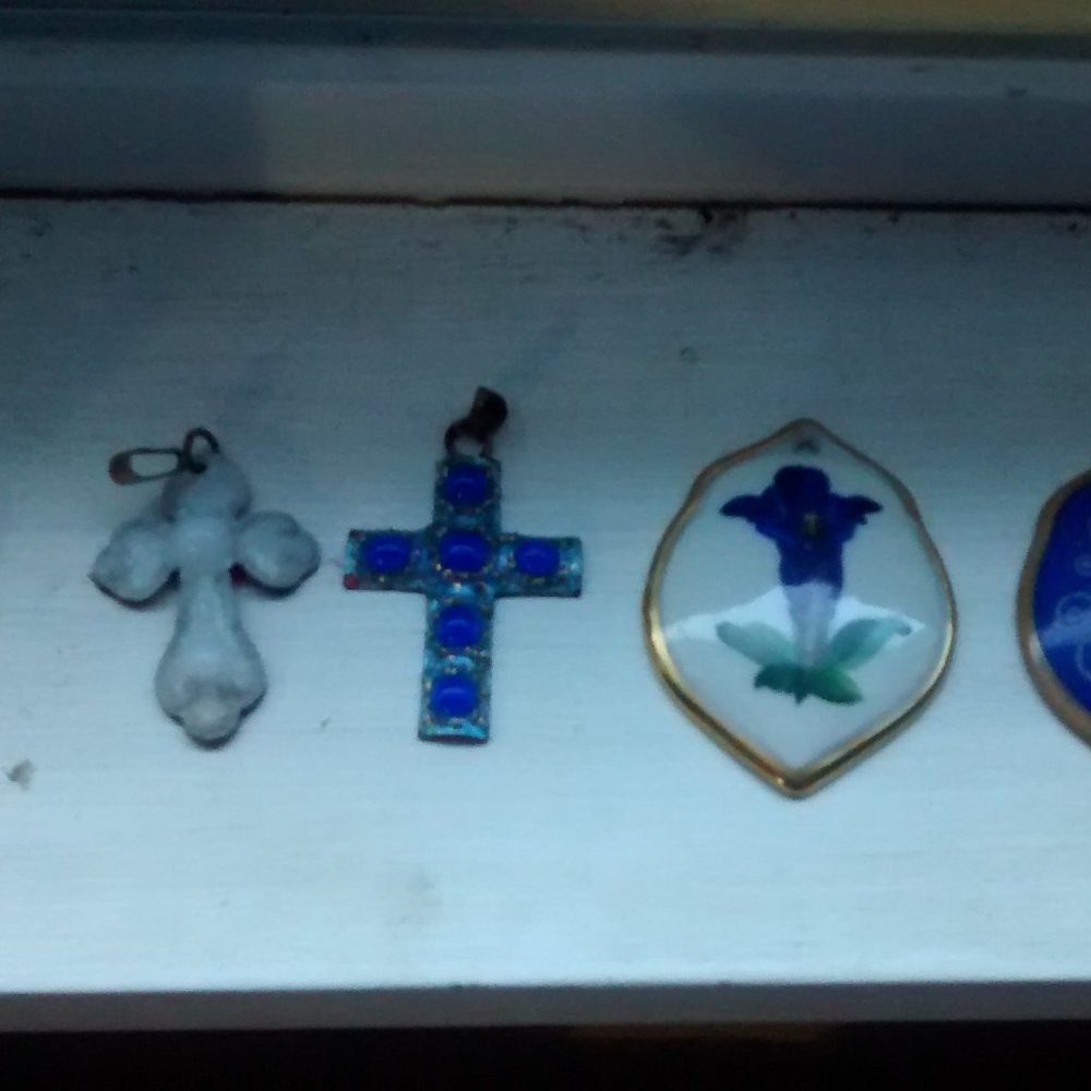3 Limoges Enamel crosses; 1 Rosenthal, 1 B & G Porcelain brooches
